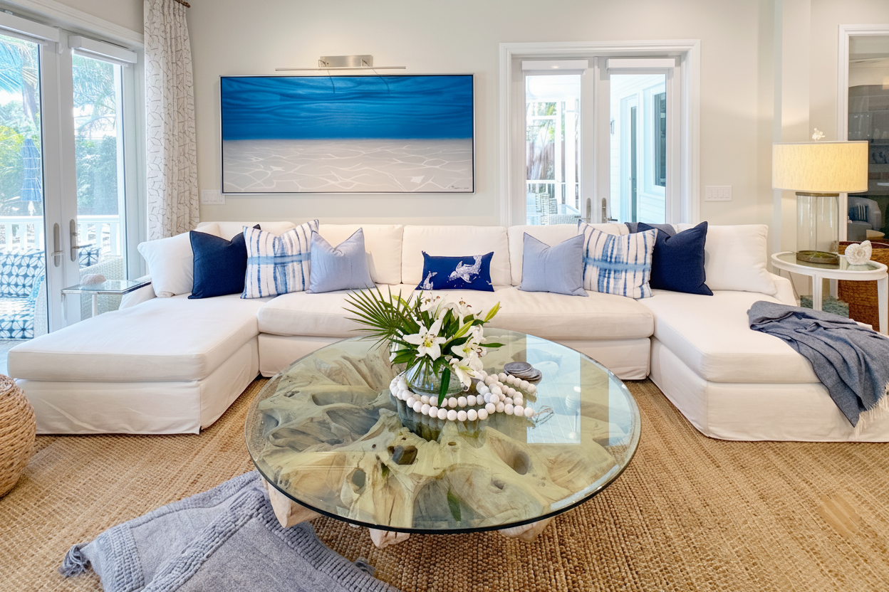 A bright, modern living room featuring a white slipcovered sectional sofa with blue and white patterned tie-dye pillows, a round glass-top teak root coffee table, and a large blue and white abstract painting on the wall.