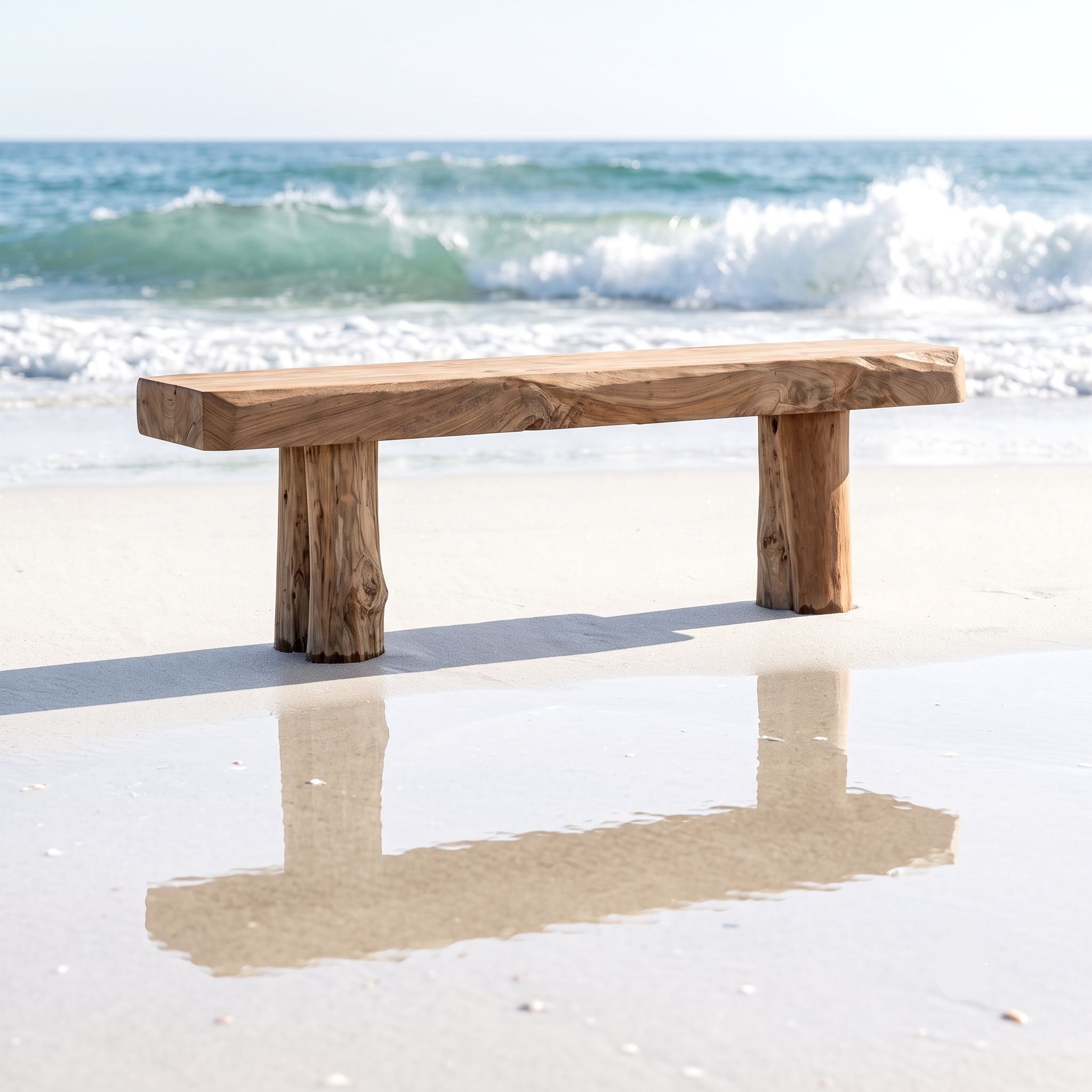 A rustic wooden beach bench with a thick live-edge seat and two natural log-style legs, set on a sandy beach with ocean waves in the background.